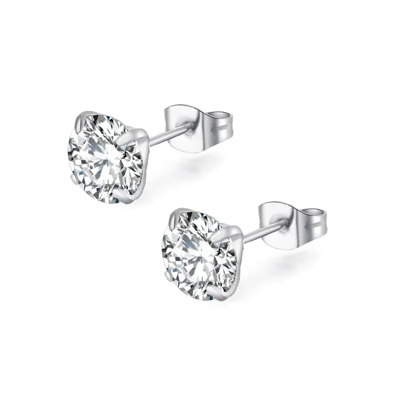 Stainless Steel Titanium Round Cubic Zirconia Stud Earrings for Women and Men with Screw Back Closure Silver