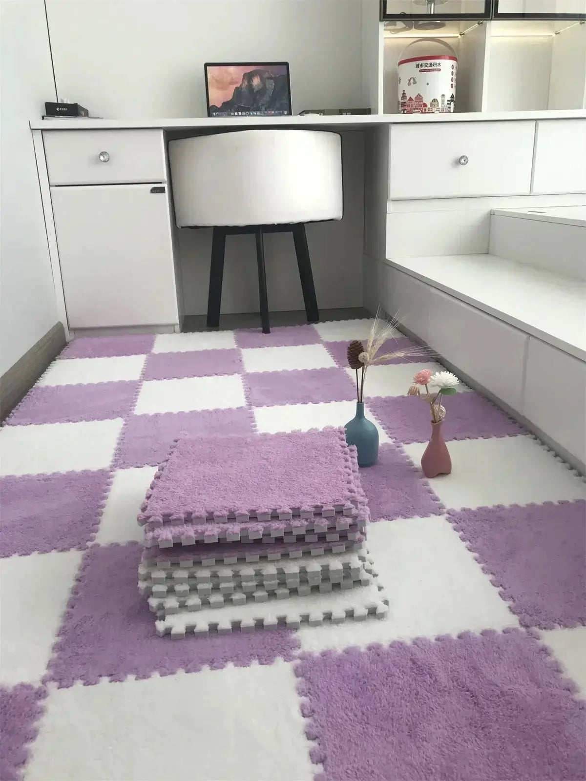 Soft plush EVA foam puzzle mat for kids; lavender and white interlocking tiles, infant development playmat.
