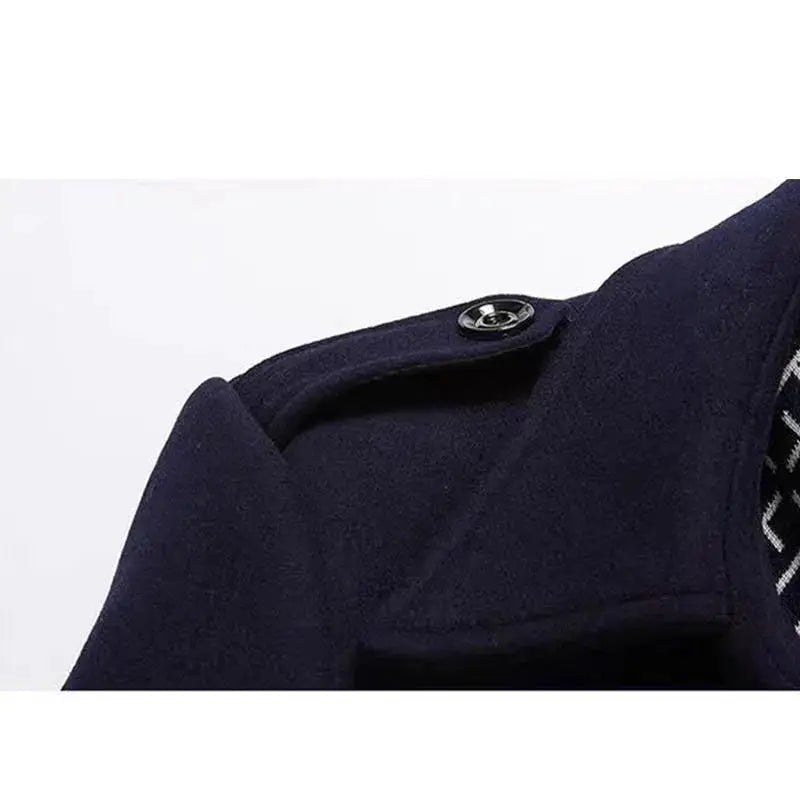 Winter men's navy wool coat with padded collar and shoulder epaulet button detail