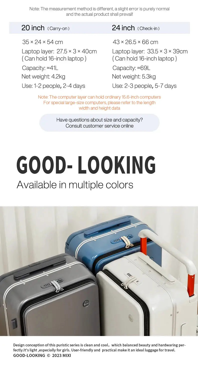 Mixi 20-inch carry-on suitcases set of three in gray, blue, and white with aluminum frames and wide handles.