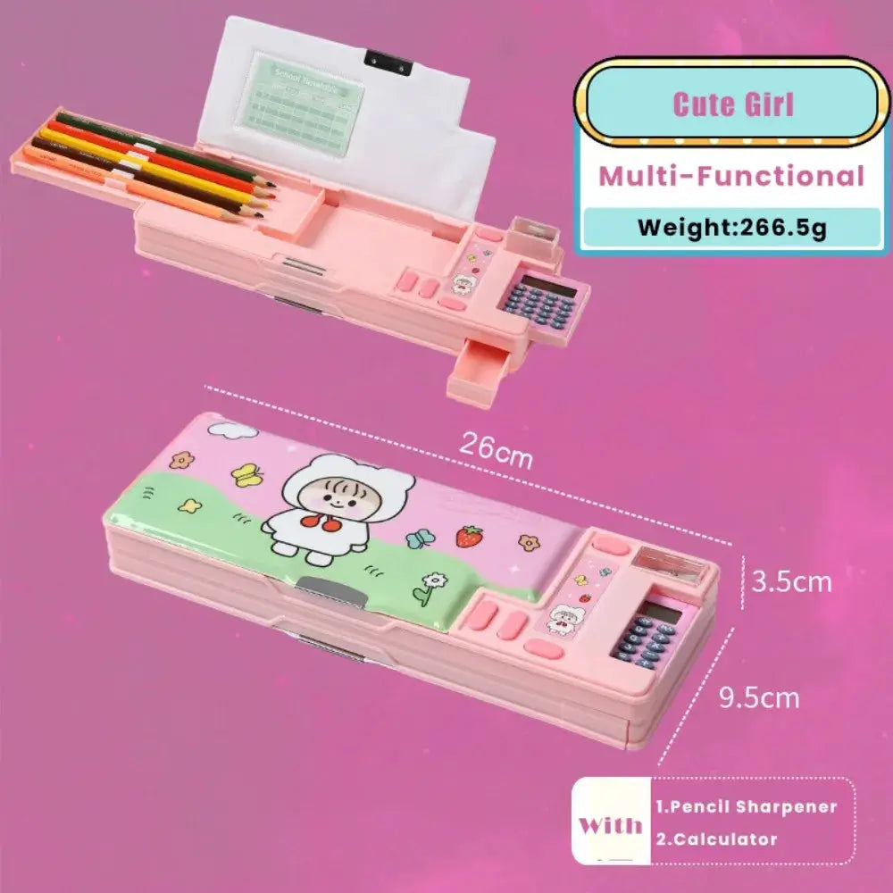 Simples Market pink plastic pencil case with built-in calculator and sharpener; double-sided, 26cm long