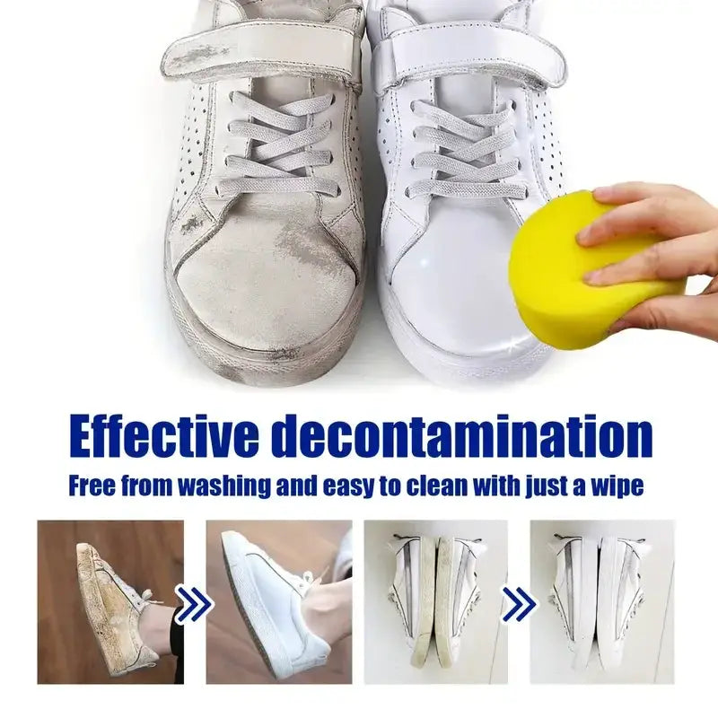 Simples Market White Shoe Cleaner Paste; whitening faux leather and shoes; dirty vs clean sneakers with yellow sponge.