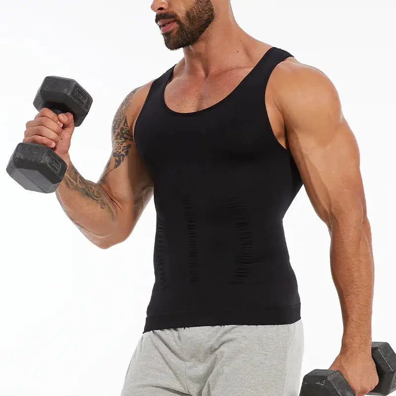Men's black sleeveless compression vest body shaper for gym workouts