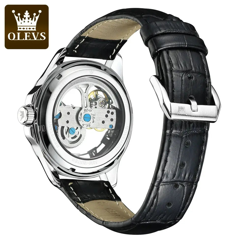 OLEVS 6661 automatic skeleton watch for men with black leather strap and transparent back, stainless steel case