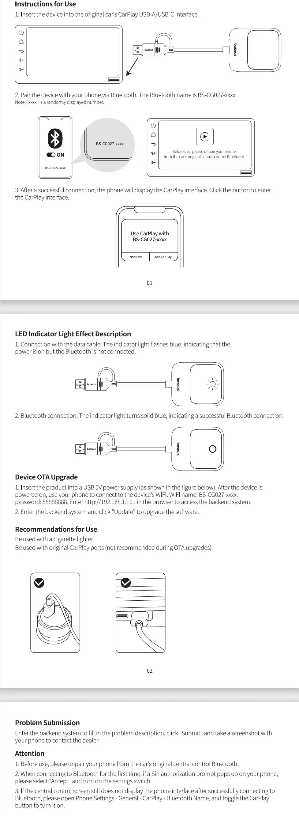 Baseus Wireless CarPlay adapter setup guide pages showing USB connection diagrams, Bluetooth pairing, and LED indicators