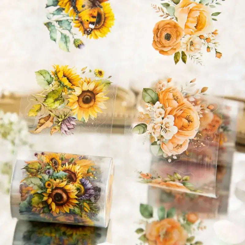 Mr.paper PET Washi Tape Flower Garden set with sunflower and peach floral designs for plant and stationery lovers