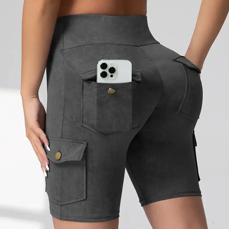 Simples Market women's washed pocket shorts with back phone pocket and cargo pocket in charcoal gray