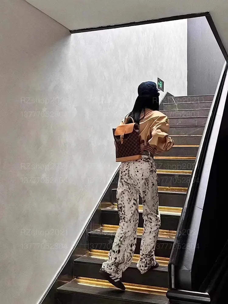 Baggy Wide Leg Jeans Women High Waisted Leopard Print Y2K Denim