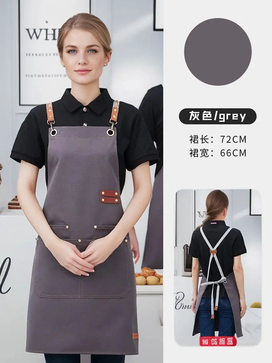 Simples Market grey waterproof kitchen apron with brown leather straps and front pockets
