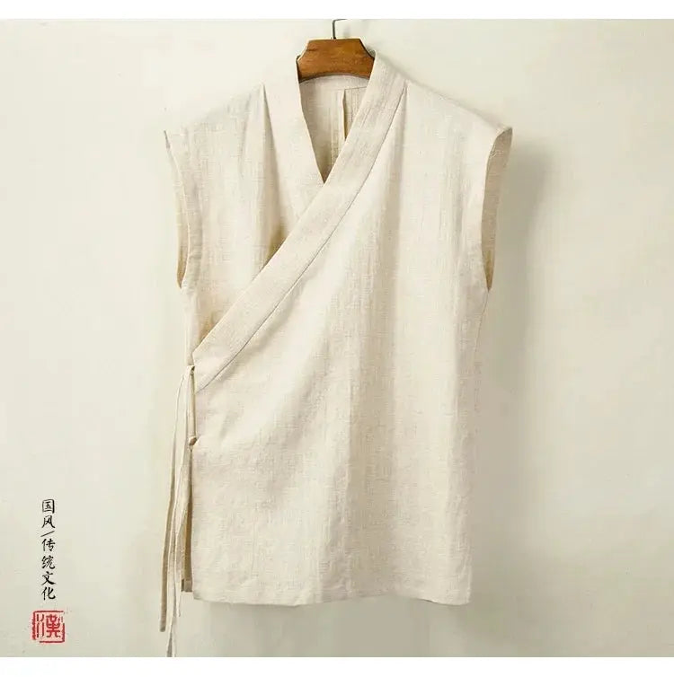 Simples Market Hanfu vest for men, linen-cotton sleeveless wrap top in cream.
