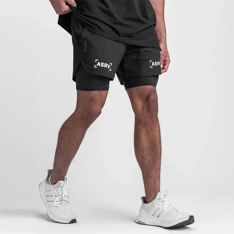ASRV 2-in-1 double-deck gym shorts in black with ASRV logos; inner compression layer visible.