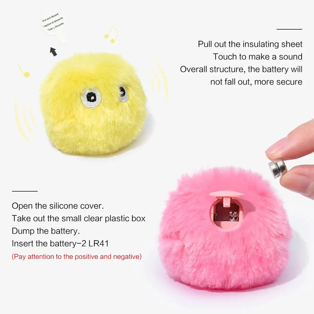 Simples Market two fluffy interactive squeak ball toys in yellow and pink with battery compartments.