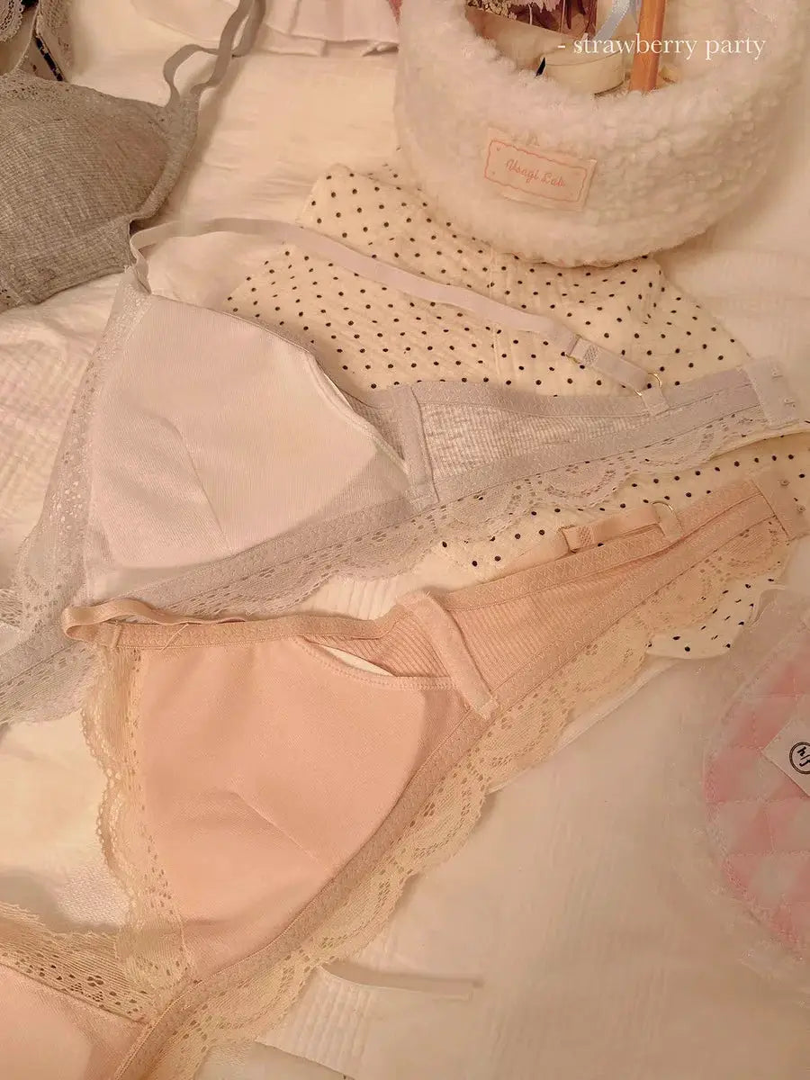 SP&CITY Sweet Girl wireless pink lace bra with matching peach lace panties, 2-piece set