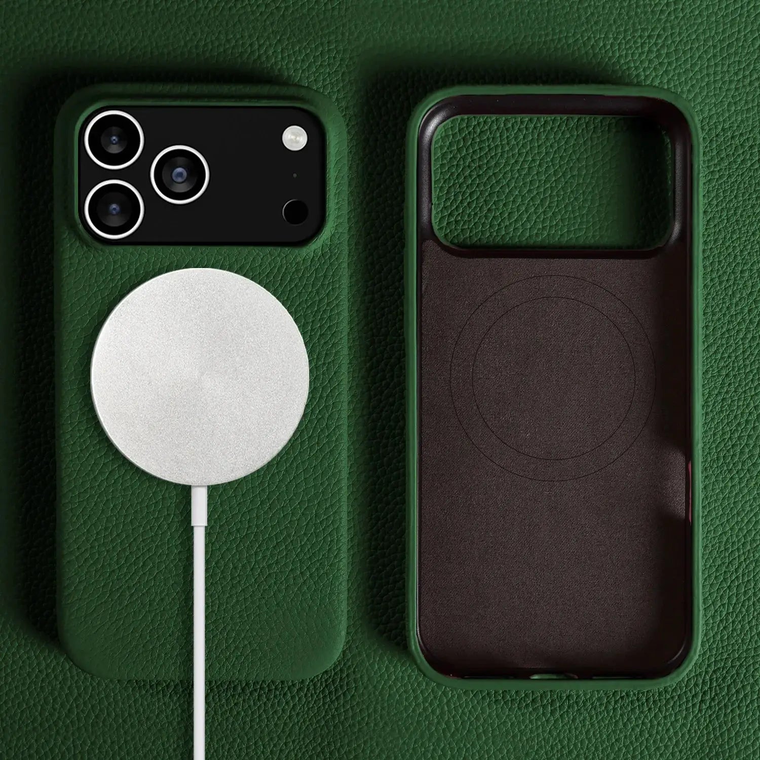 MagSafe leather phone case by Simples Market in green for iPhone 11–16 Pro Max, full wrap back cover