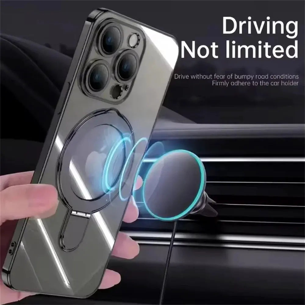 Simples Market clear MagSafe phone case with ring stand and lens protector for iPhone 11–17 Pro Max and 16 Plus