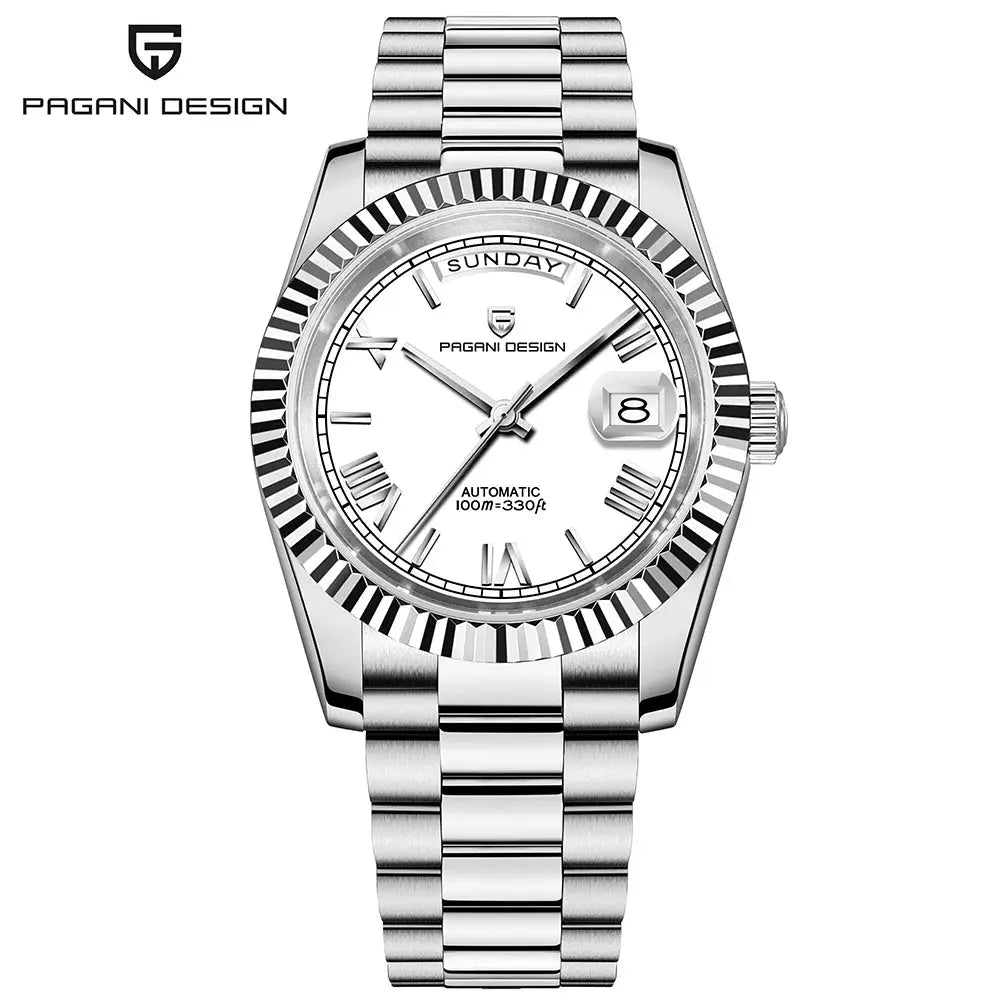 Pagani Design men's stainless steel automatic watch with day/date double calendar, 36mm, silver dial and bracelet