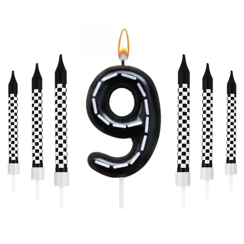 7 Piece Set Racing Car Themed Birthday Number Candles Black White Checkered Cake Topper For Kids Birthday Party