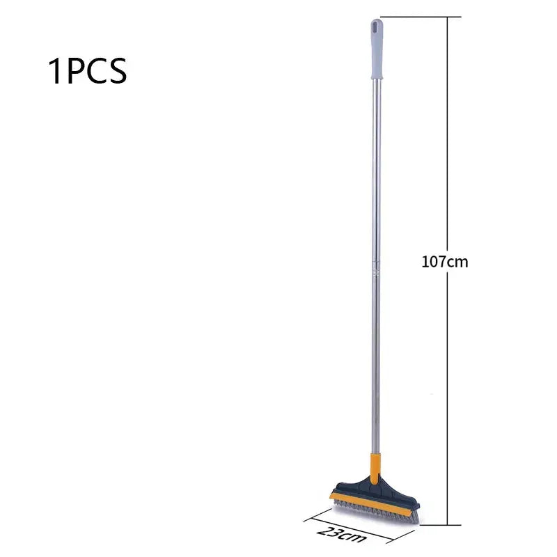 Long-handled bathroom floor brush with silver handle and blue grip, 107 cm tall.