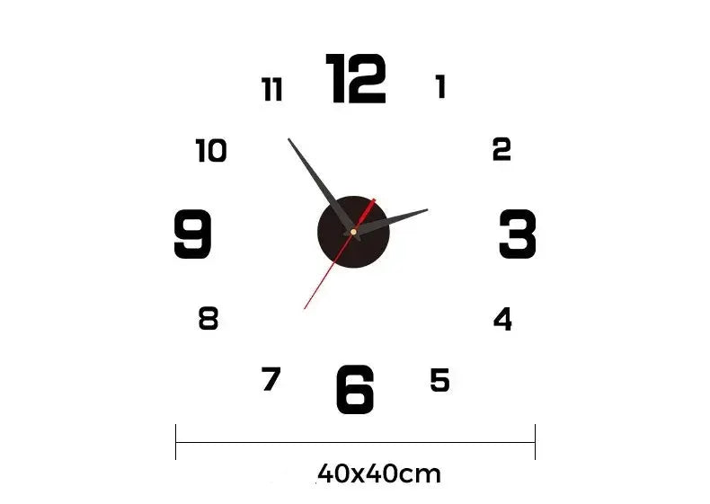 Acrylic mirror wall clock sticker, 40x40 cm by Simples Market with large black numerals and red second hand