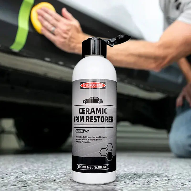 Hydroshine Ceramic Trim Restorer bottle, white plastic with black cap, 200 ml, for car plastic, vinyl and rubber trim.