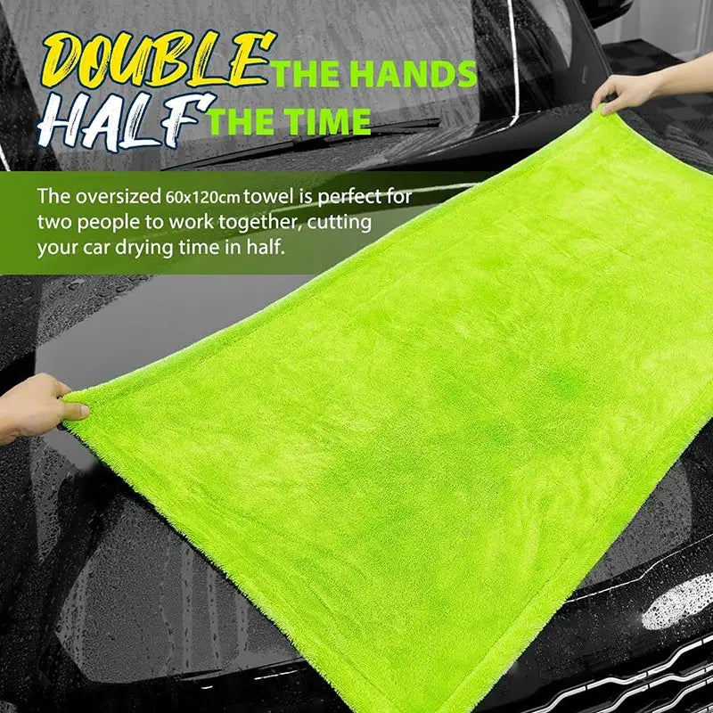 1400GSM heavy-duty car drying towel by Simples Market, oversized 60x120cm lime green double-sided microfiber cloth