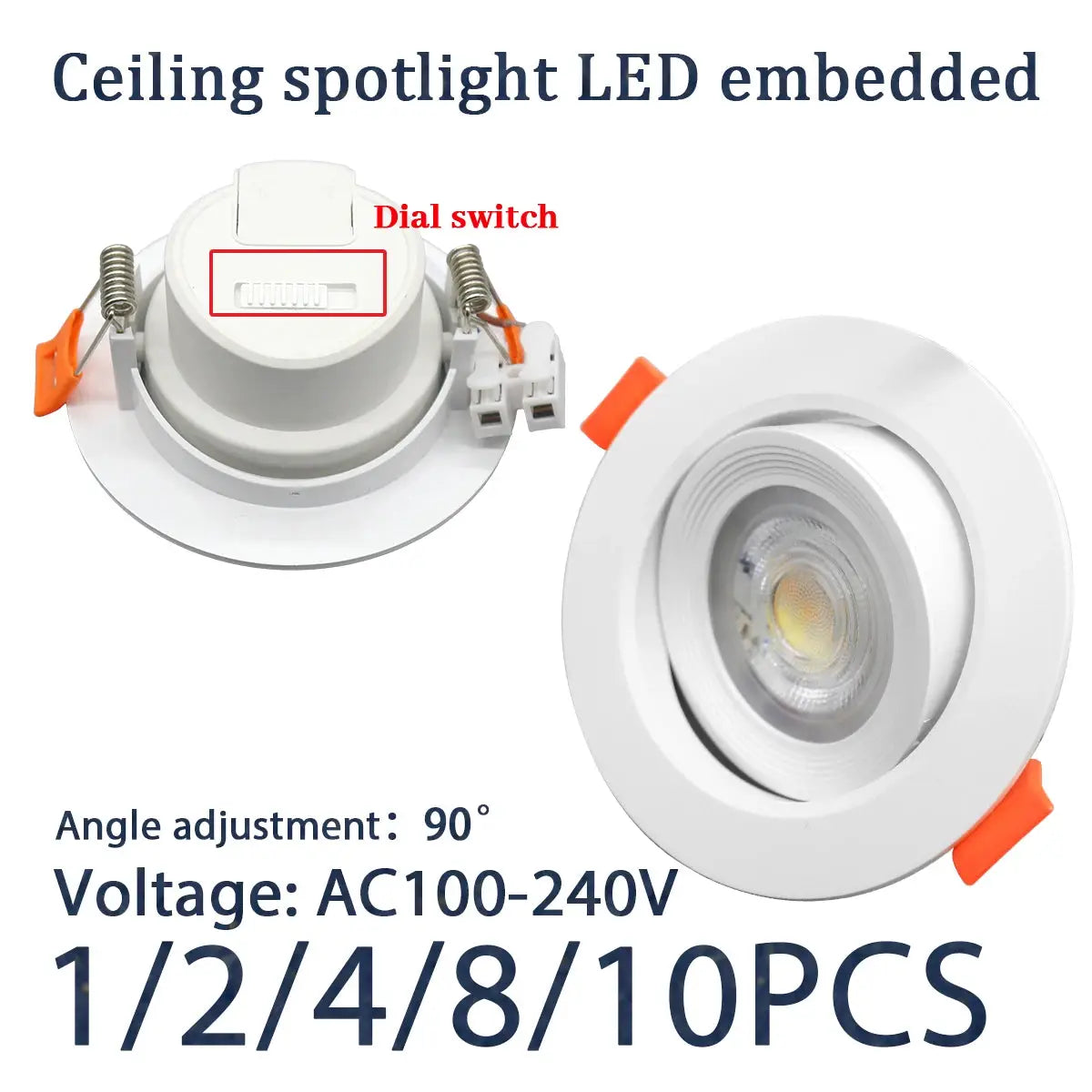 Ceiling spotlight LED embedded, 7W, 3 CCT (3000K/4000K/6000K), 90° adjustable, AC100-240V, 1/2/4/8/10pcs