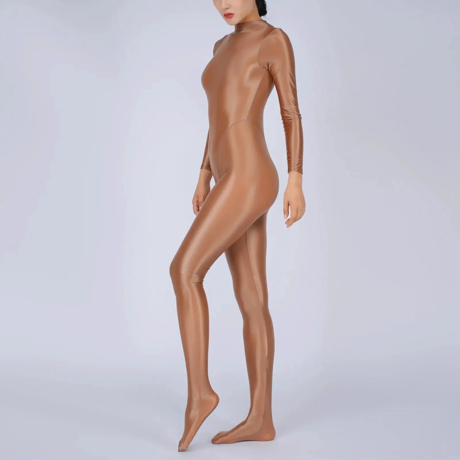 Simples Market women's metallic bronze full-body jumpsuit with long sleeves and footed legs