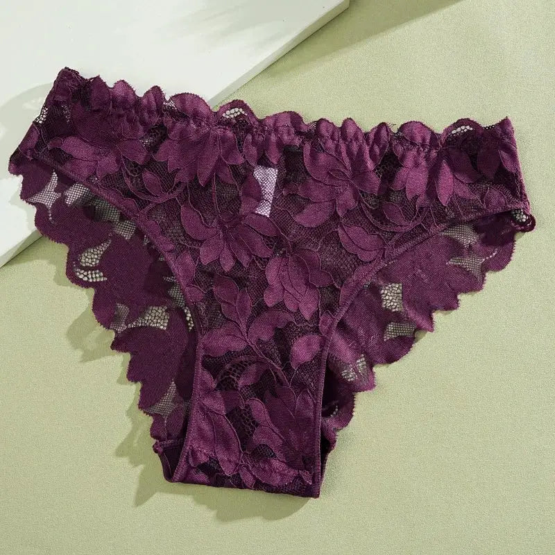 5-piece purple floral lace panties set for women, low-rise briefs, breathable sheer fabric, sizes S-XL