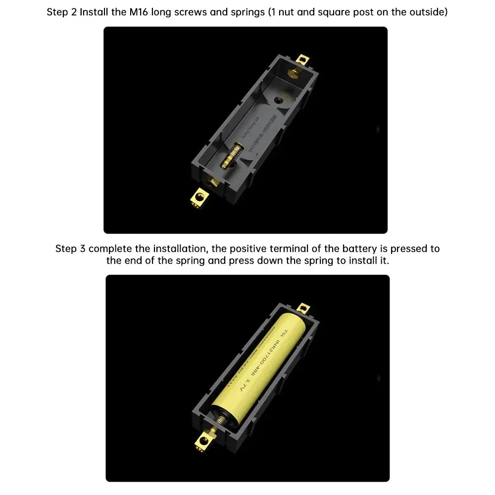 Simples Market battery holder for 21700/18650 cells; solder-free, black plastic with gold-tone terminals.