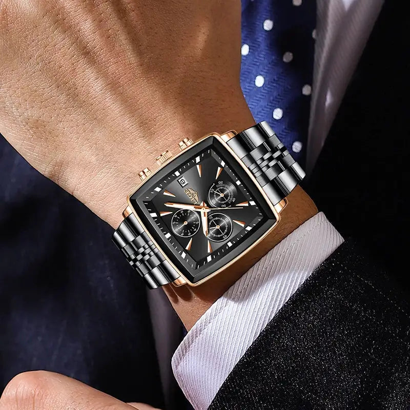 LIGE men's square-dial stainless steel watch with rose-gold case and two-tone bracelet
