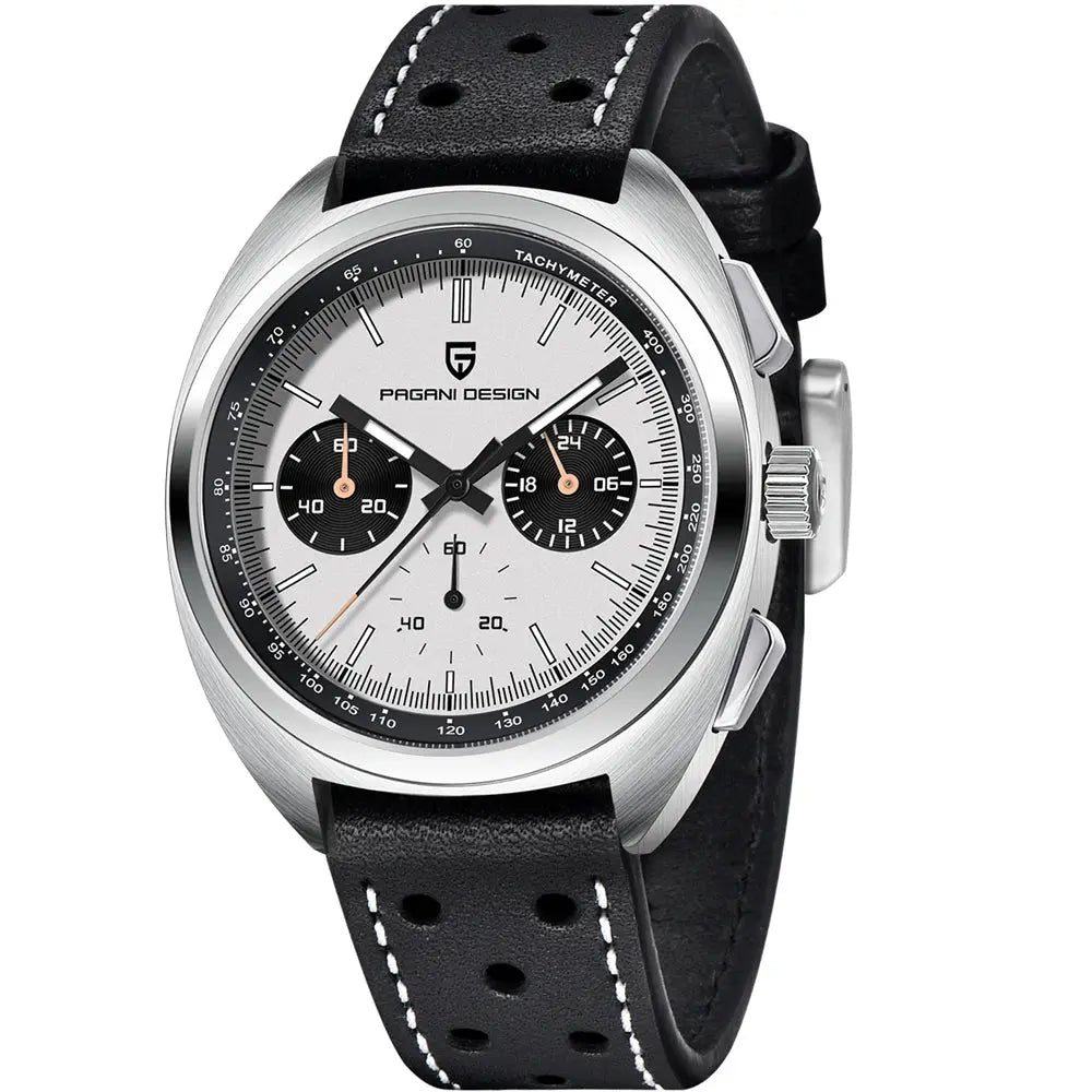 Pagani Design men's chronograph watch with white dial, black subdials, tachymeter, and black perforated leather strap