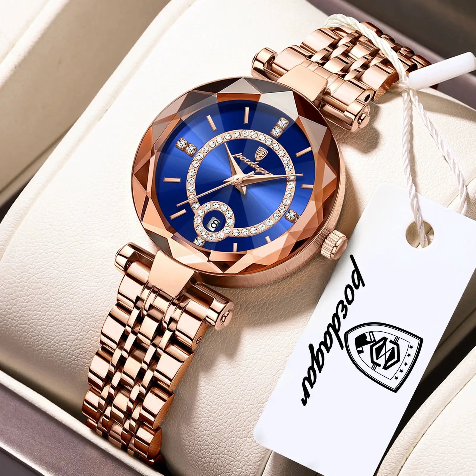 POEDAGAR women's rose-gold stainless steel watch, blue dial with crystal bezel, date, waterproof