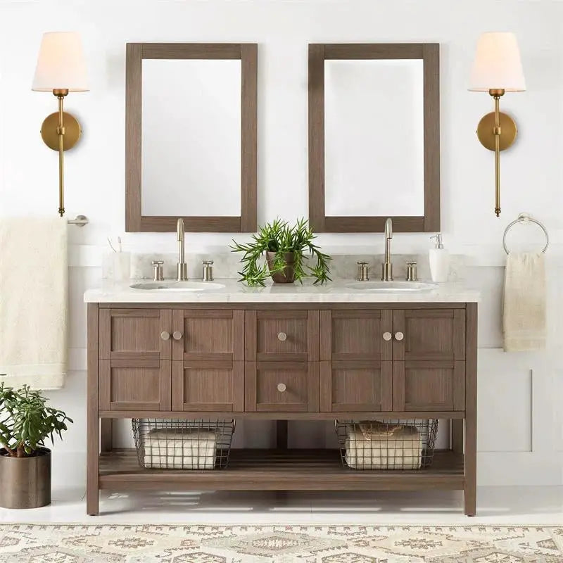Wall lamp set: two brass fixtures with white fabric shades flanking a wooden bathroom vanity