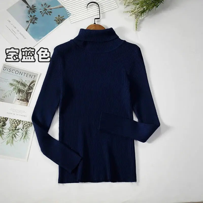 Women Turtleneck Sweater Slim Fit Elastic Knit Acrylic Cotton Blend Medium Stretch Solid Black