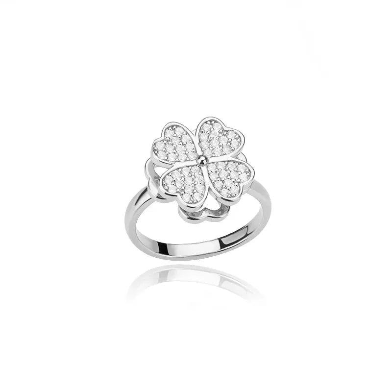 Spinner Zircon Heart Four Leaf Clover Ring For Women Stainless Steel Anti Stress Fidget Jewelry Christmas Gift
