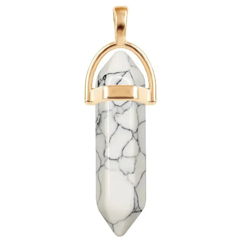 Pendant necklace with white pillar quartz stone, black veining, and gold-tone arch setting