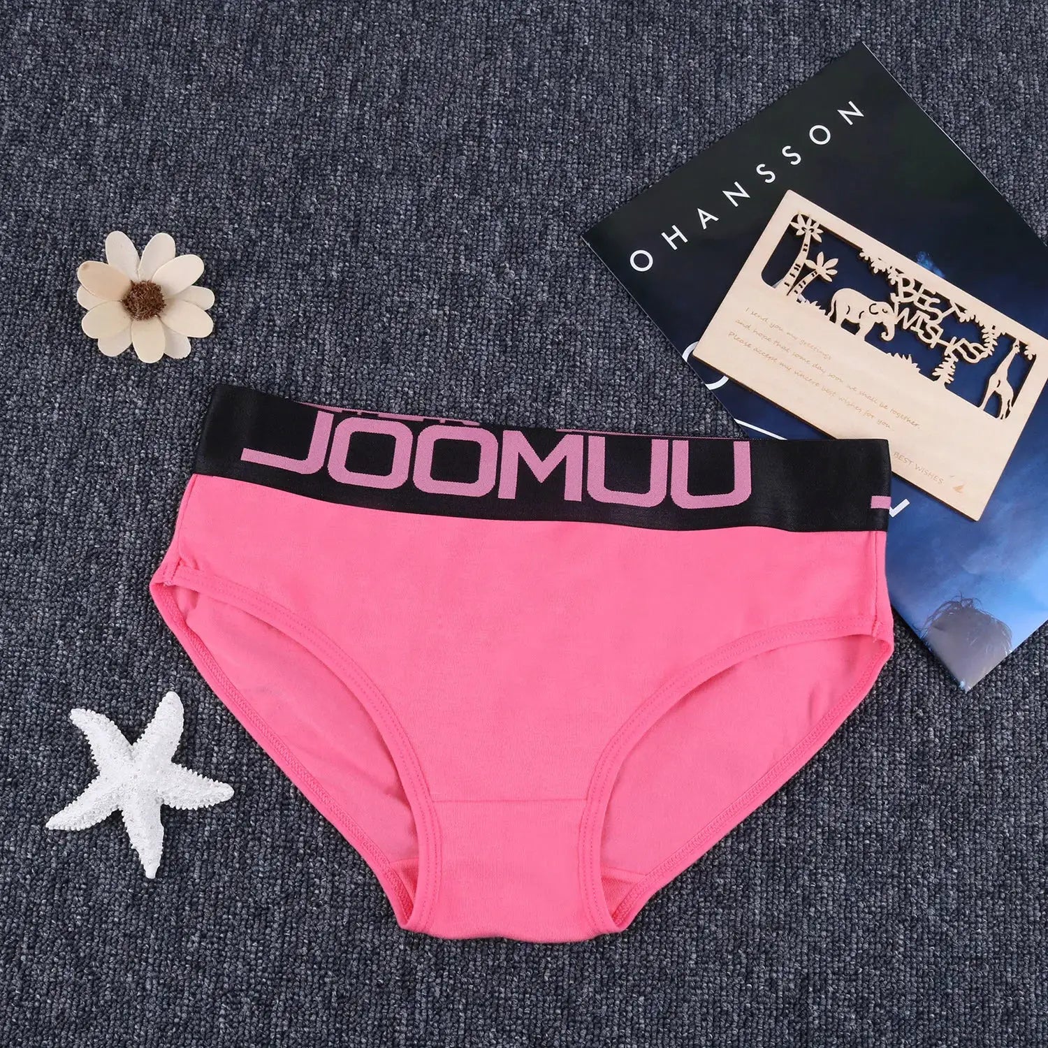 Women's pink cotton panties with a black JOOMU waistband