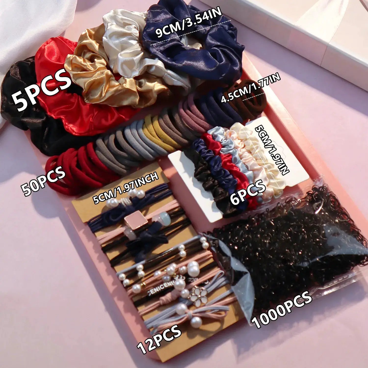 Hair accessories set 1085pcs including scrunchies and seamless ponytail holders in dark shades