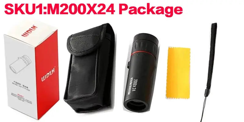 Simples Market 2000X24 monocular bundle with black carry pouch, strap, cleaning cloth and box