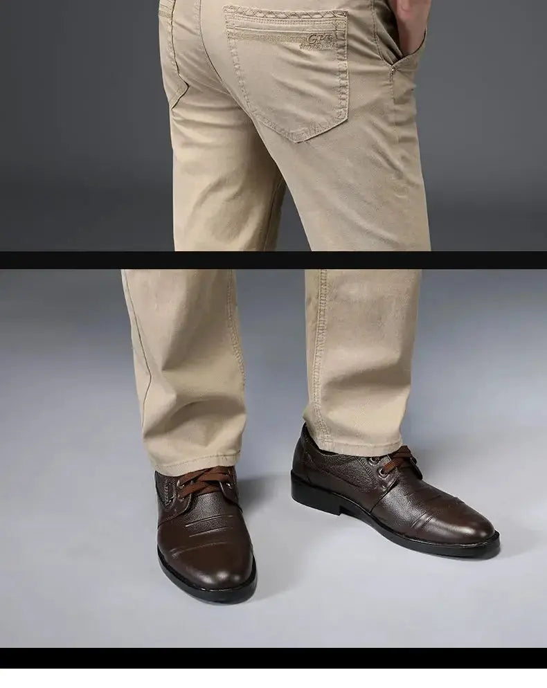 Men's beige cotton straight-leg pants for business casual, with back pocket embroidery.