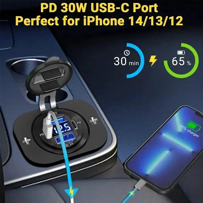 117W Dual PD USB Car Charger With Dual QC 3.0 Ports Voltmeter Waterproof 12V 24V Power Outlet For Car Boat