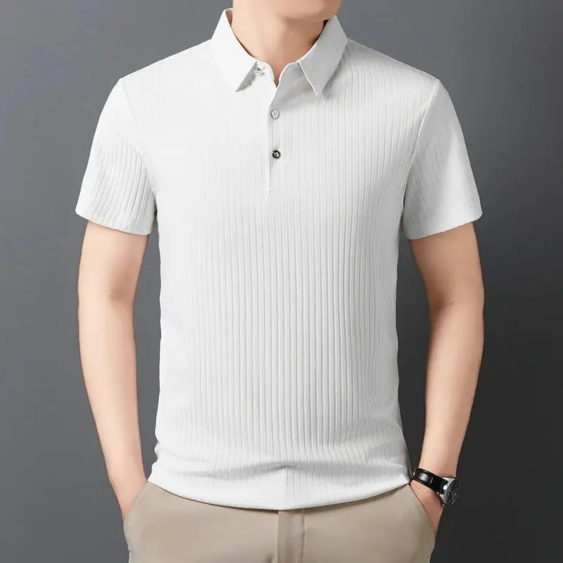Men's white ribbed polo shirt with short sleeves and collar, breathable casual summer wear.