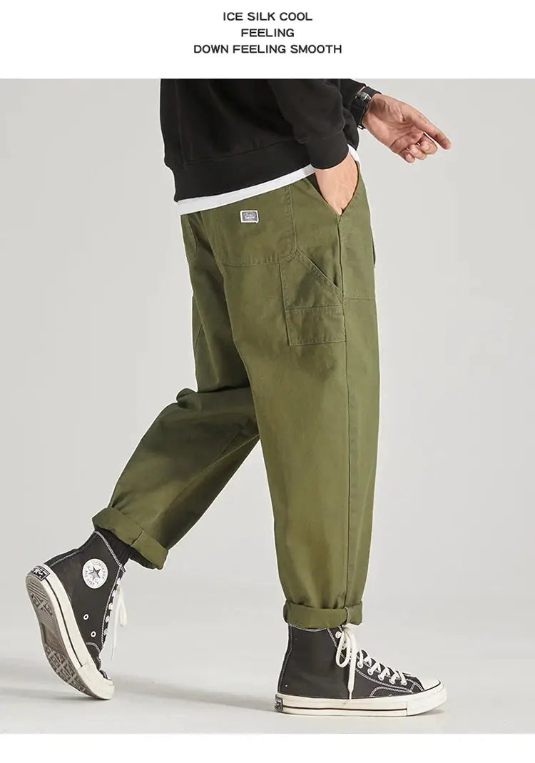 Simples Market HIQOR men's olive cargo pants with multiple pockets, baggy fit.