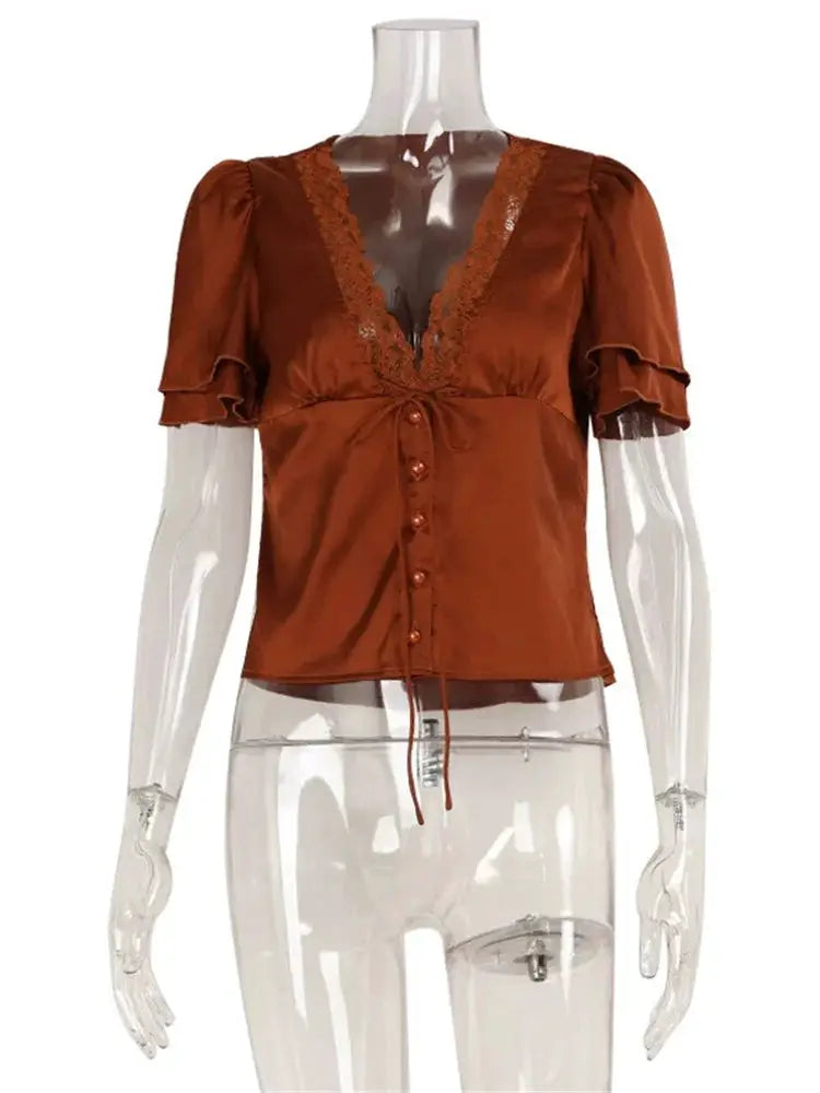 Lace Up Hollow Out Cropped V Neck T Shirt For Women Lightweight Polyester Summer Top