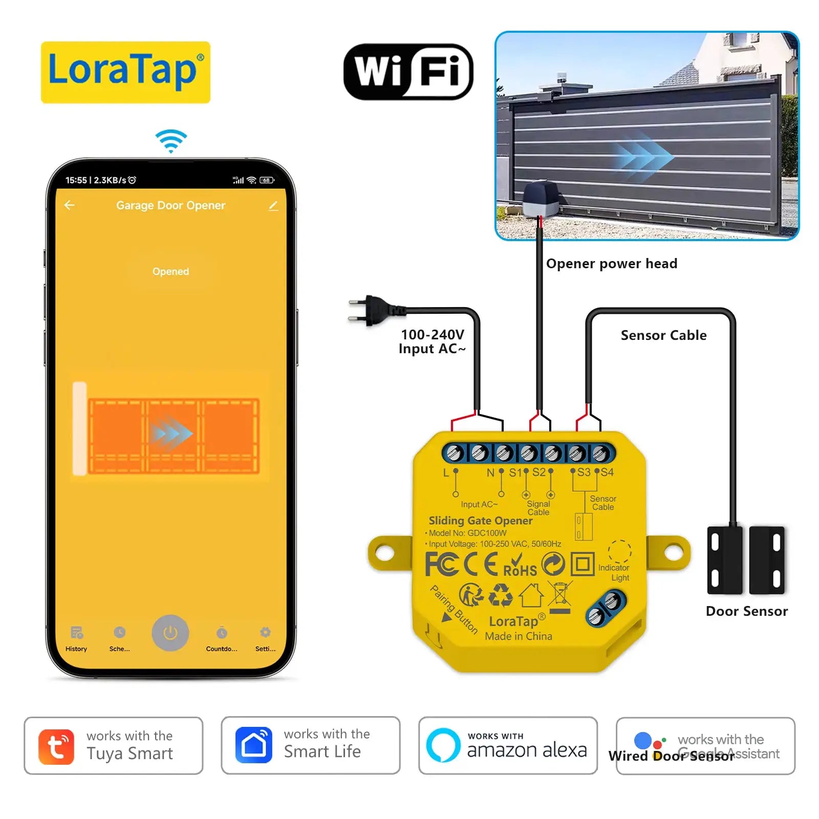 LoraTap sliding gate opener controller, yellow WiFi device with door sensor and smartphone app.