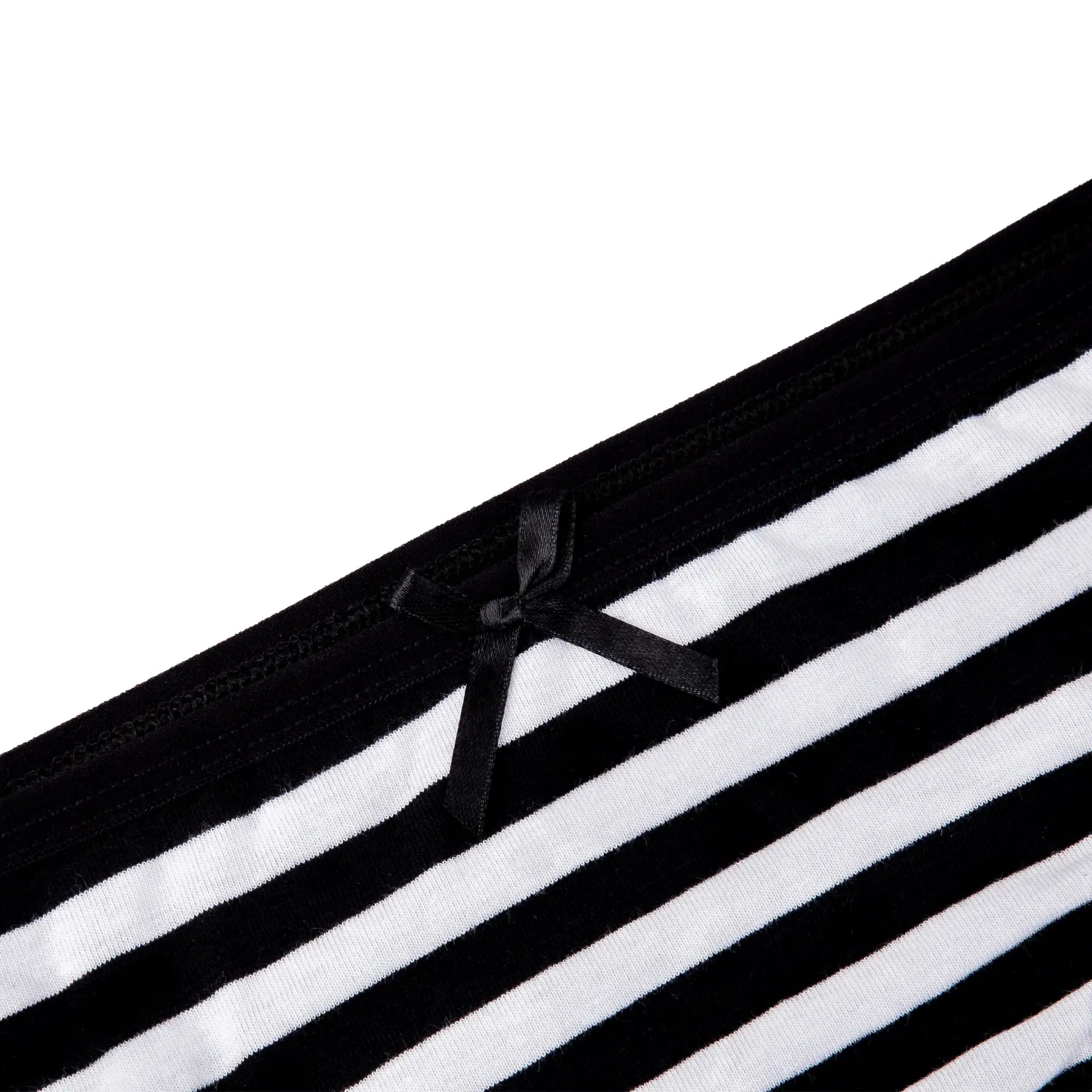 Women's cotton panties with black-and-white stripes, lace trim and bow.