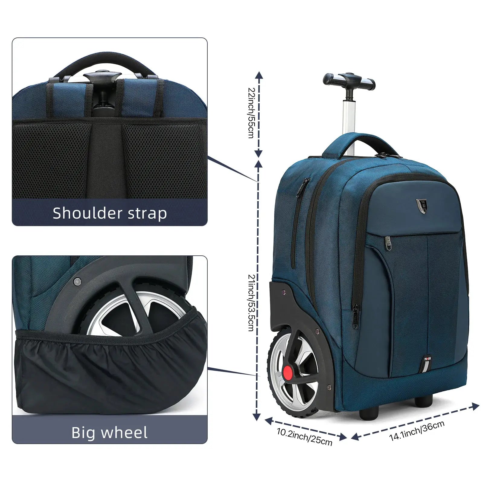 Simples Market 20-inch rolling luggage backpack in blue with wheels and retractable trolley handle