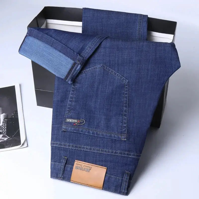 Ice Silk Denim Jeans For Men Blue Straight Stretch Cotton Pants