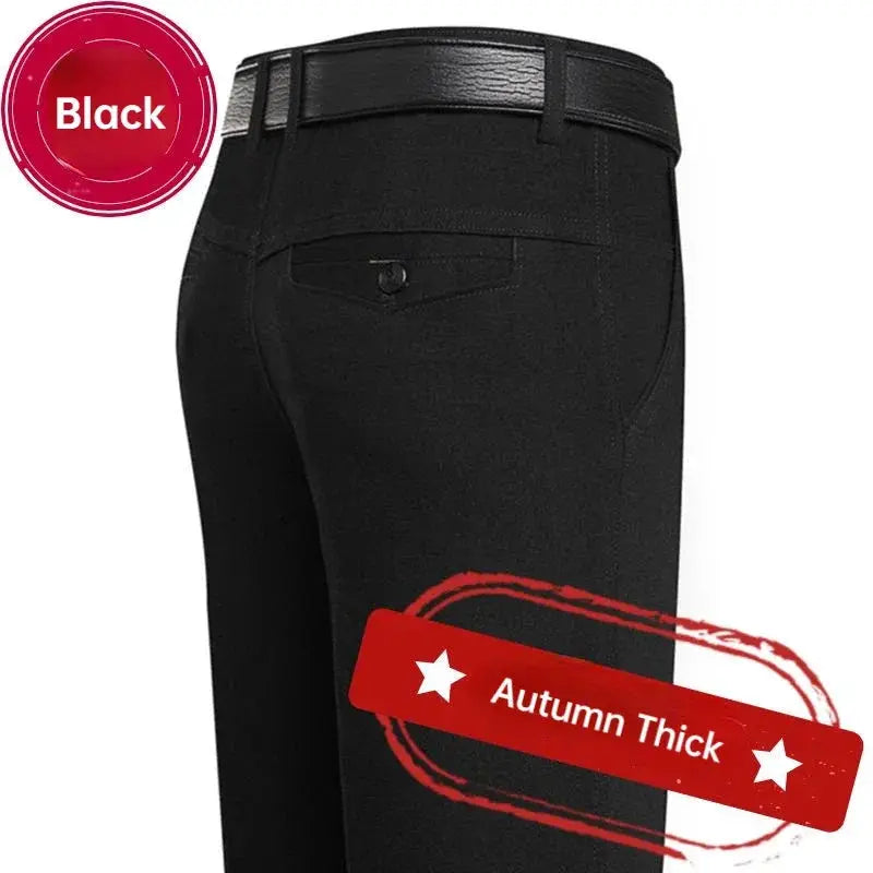 Men's black 100% cotton dress pants with belt, high-waist straight loose fit