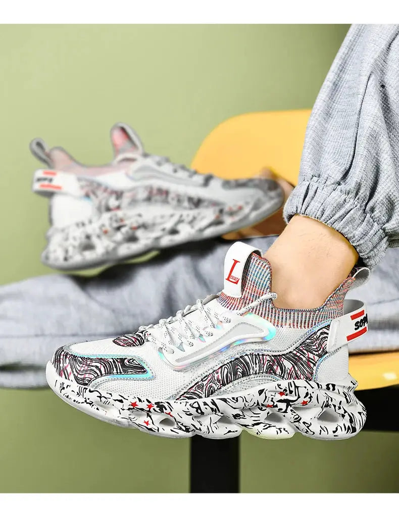 Men's athletic sneakers, two pairs, white upper with black abstract print, turquoise accents, chunky speckled sole